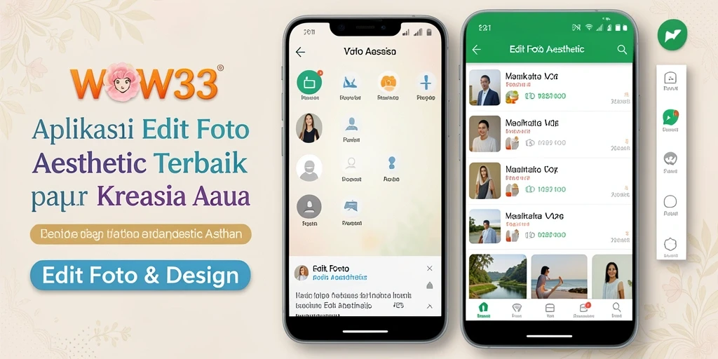 Screenshot utama WOW33 menampilkan antarmuka Edit Foto Aesthetic yang user-friendly.